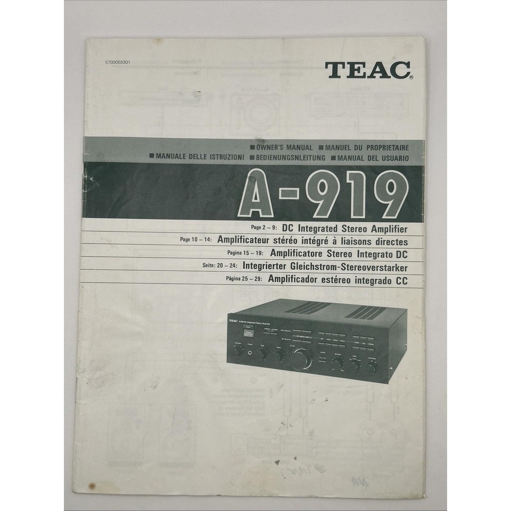 TEAC A‑919 Integrated Stereo Amplifier Owner's Manual Original Vintage